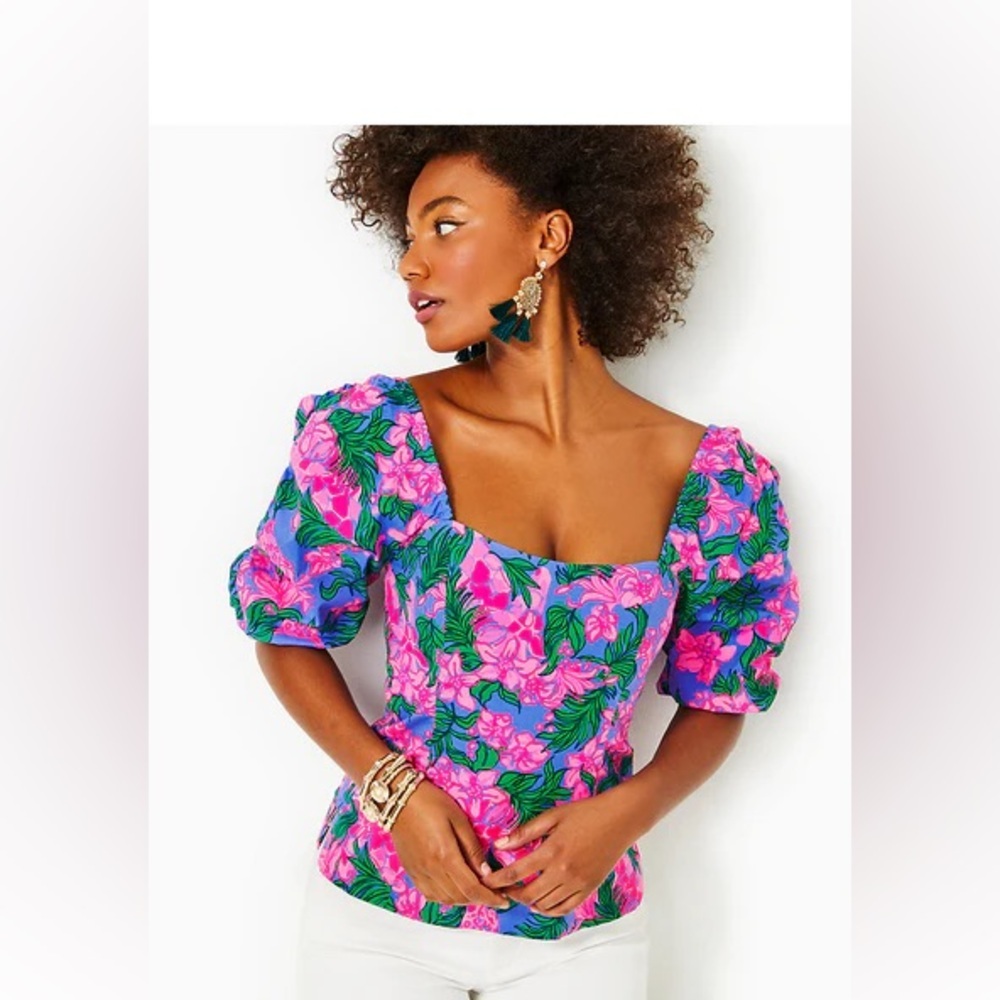 Lilly Pulitzer Pink & Green Floral Puff-Sleeve Square-Neck Blouse